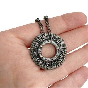 M4M Pewter Gray Round Textured Blue Pink Purple Rhinestone Pendant Necklace